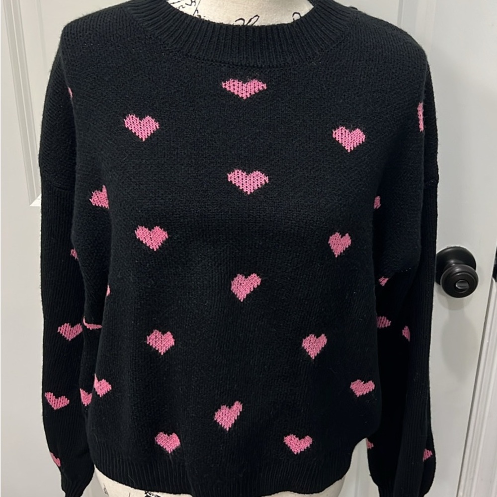 New Medium Black Sweater with Pink Hearts